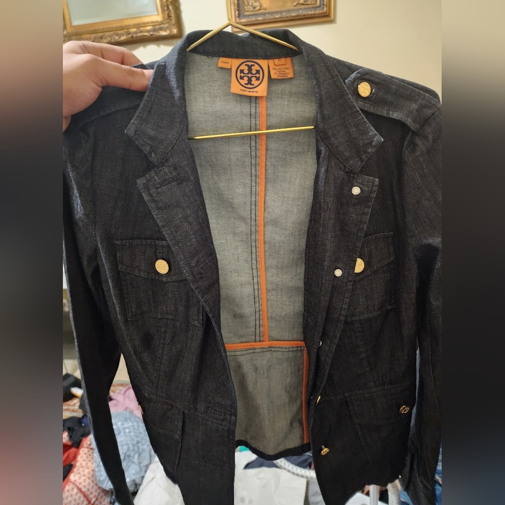 Tory Burch Black Denim Jacket with Gold Accents